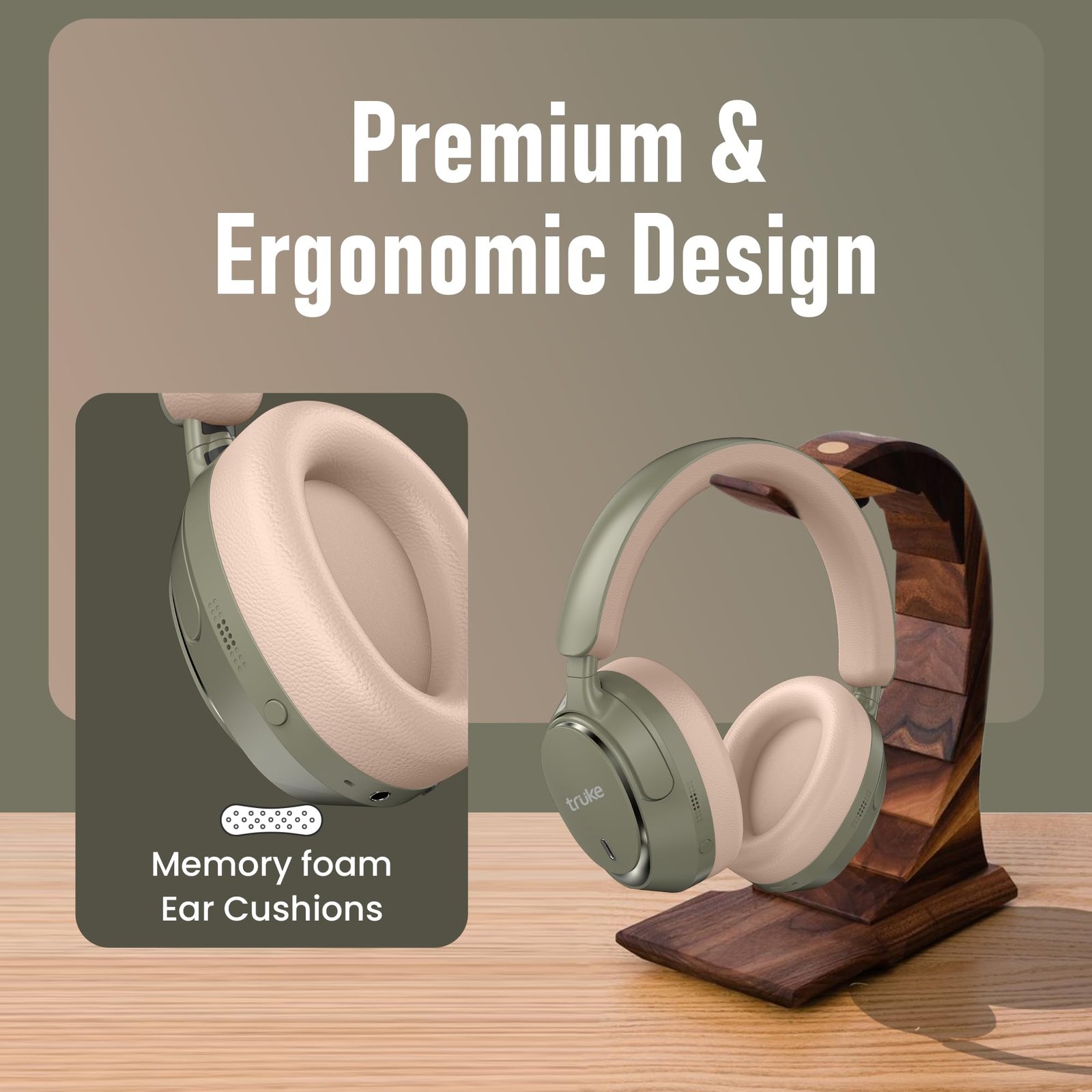 truke New Launch Aura Bass V2 Over The Ear Headphone with 50H of Playtime, 40mm Titanium Drivers, Dual Pairing Headset, 40ms Ultra Low Latency, ENC, Premium Design & Comfort – Forest Green