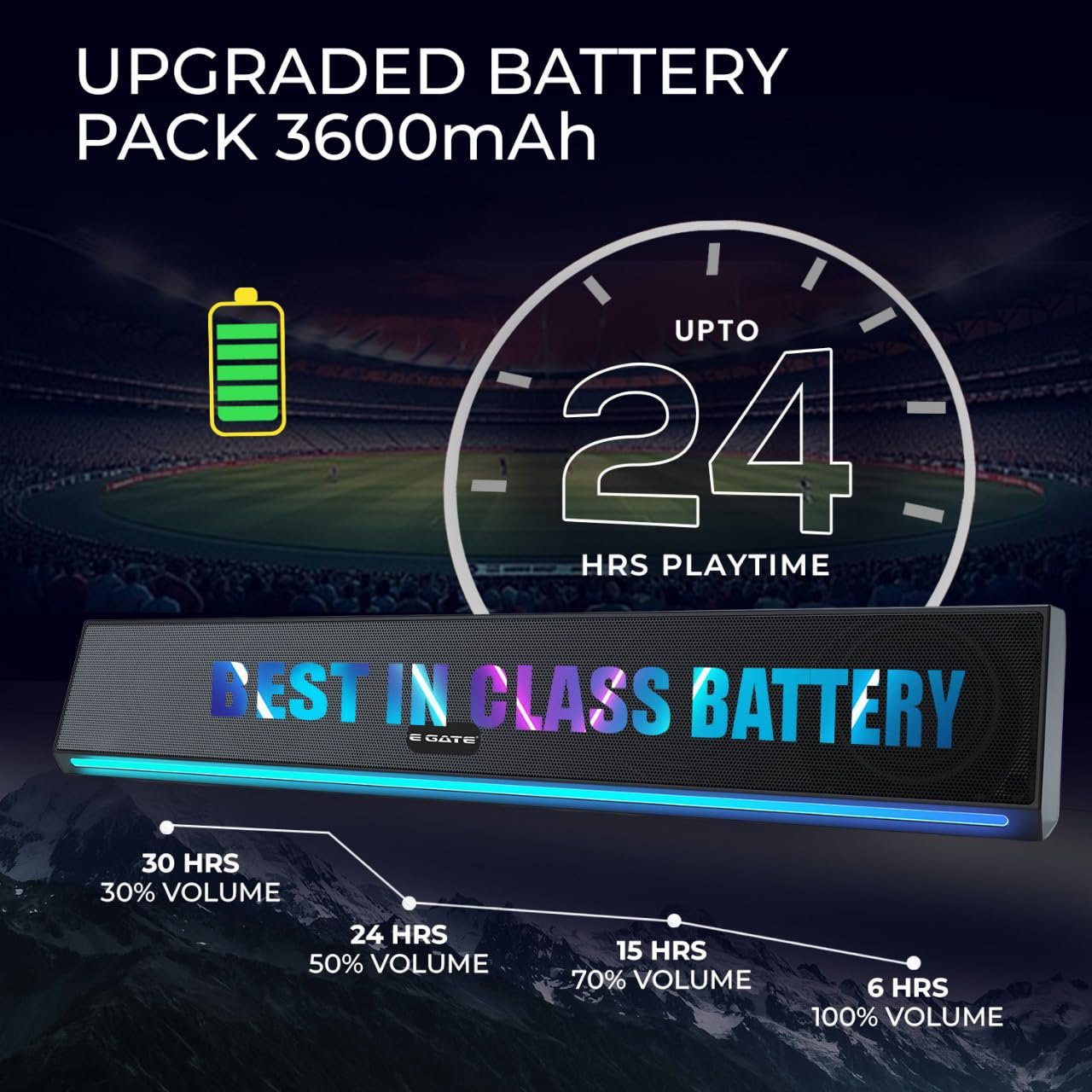 E GATE C222 | 24W Soundbar Bluetooth Speaker, Dual Drivers + Dual Passive Radiators for 2X Bass, Ambient RGB Light, Upto 24 Hrs Play Back from 3600 mAh Battery, TWS, AUX, USB, mSD and FM - Image 7