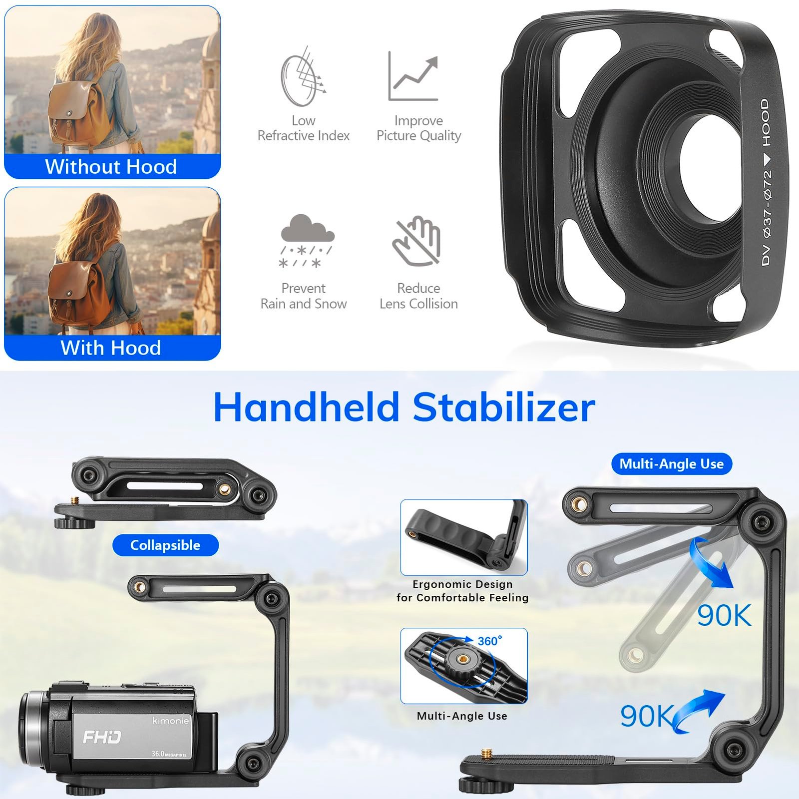 Camcorder FHD 1080P Video Camera for YouTube with 30FPS 36MP 3.0 Inch 270 Degree Rotation LCD, 16X Digital Zoom Vlogging Camera for Beginners with 2 Batteries Microphone, Remote, Stabilizer, Lens Hood - Image 3