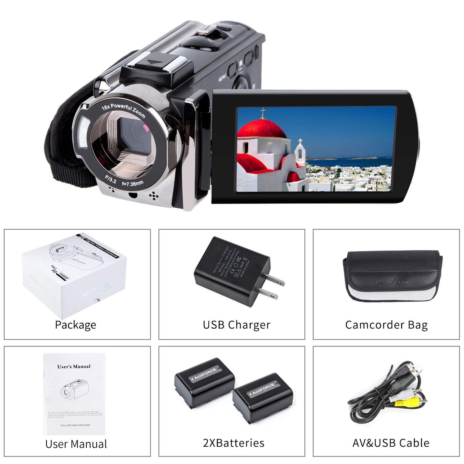 kicteck Video Camera Camcorder Digital YouTube Vlogging Camera Recorder kicteck Full HD 1080P 15FPS 24MP 3.0 Inch 270 Degree Rotation LCD 16X Digital Zoom Camcorder with 2 Batteries(604s) Black
