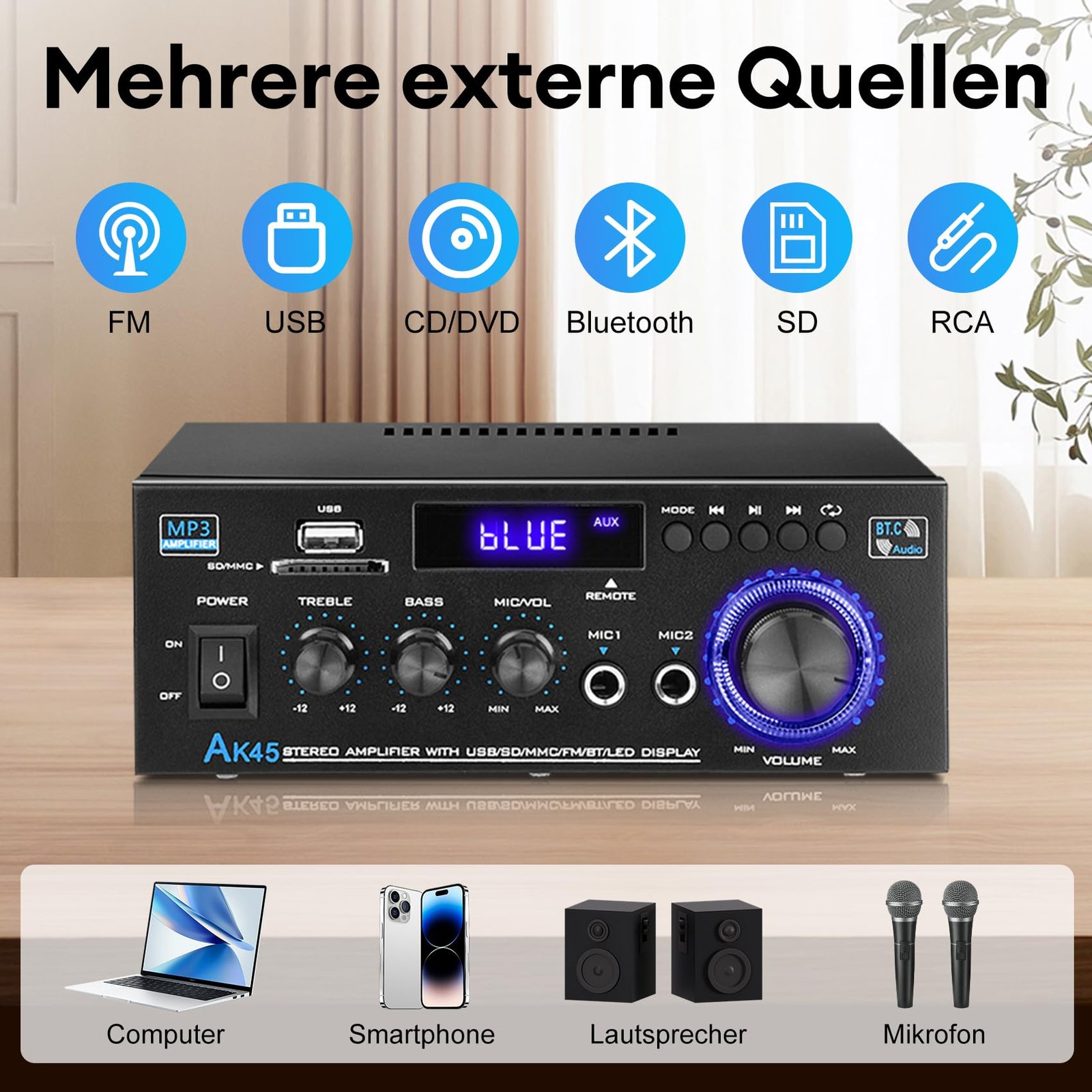 KKMOL - Hifi Stereo Amplifier, AK45 Mini Bluetooth Radio Audio Amplifier Receiver, Wiimp Amp, 12V/220V, 400W, 2 Channels, Digital Sound Amplifier with USB, SD Card, Remote Control - Image 7