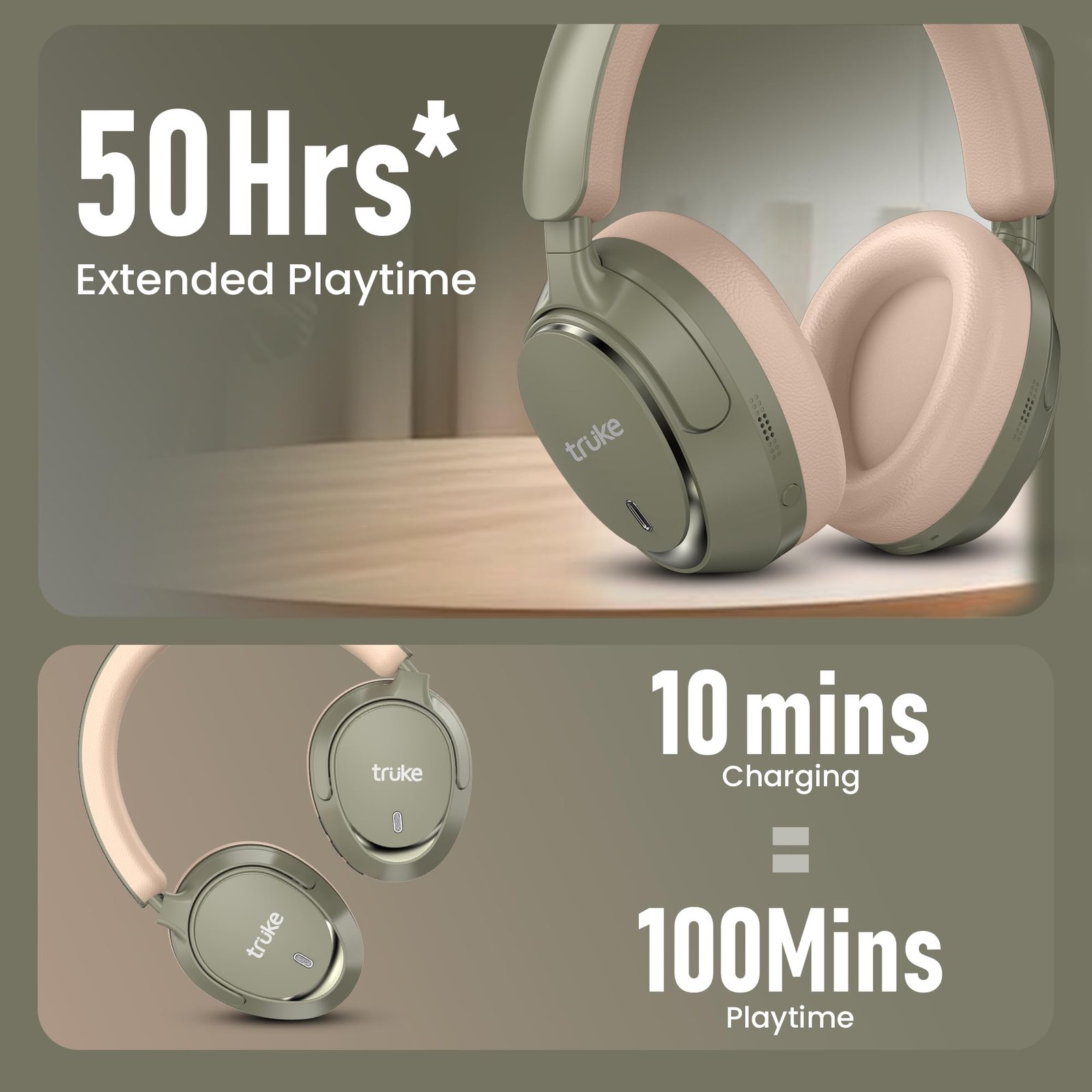 truke New Launch Aura Bass V2 Over The Ear Headphone with 50H of Playtime, 40mm Titanium Drivers, Dual Pairing Headset, 40ms Ultra Low Latency, ENC, Premium Design & Comfort - Forest Green - Image 6