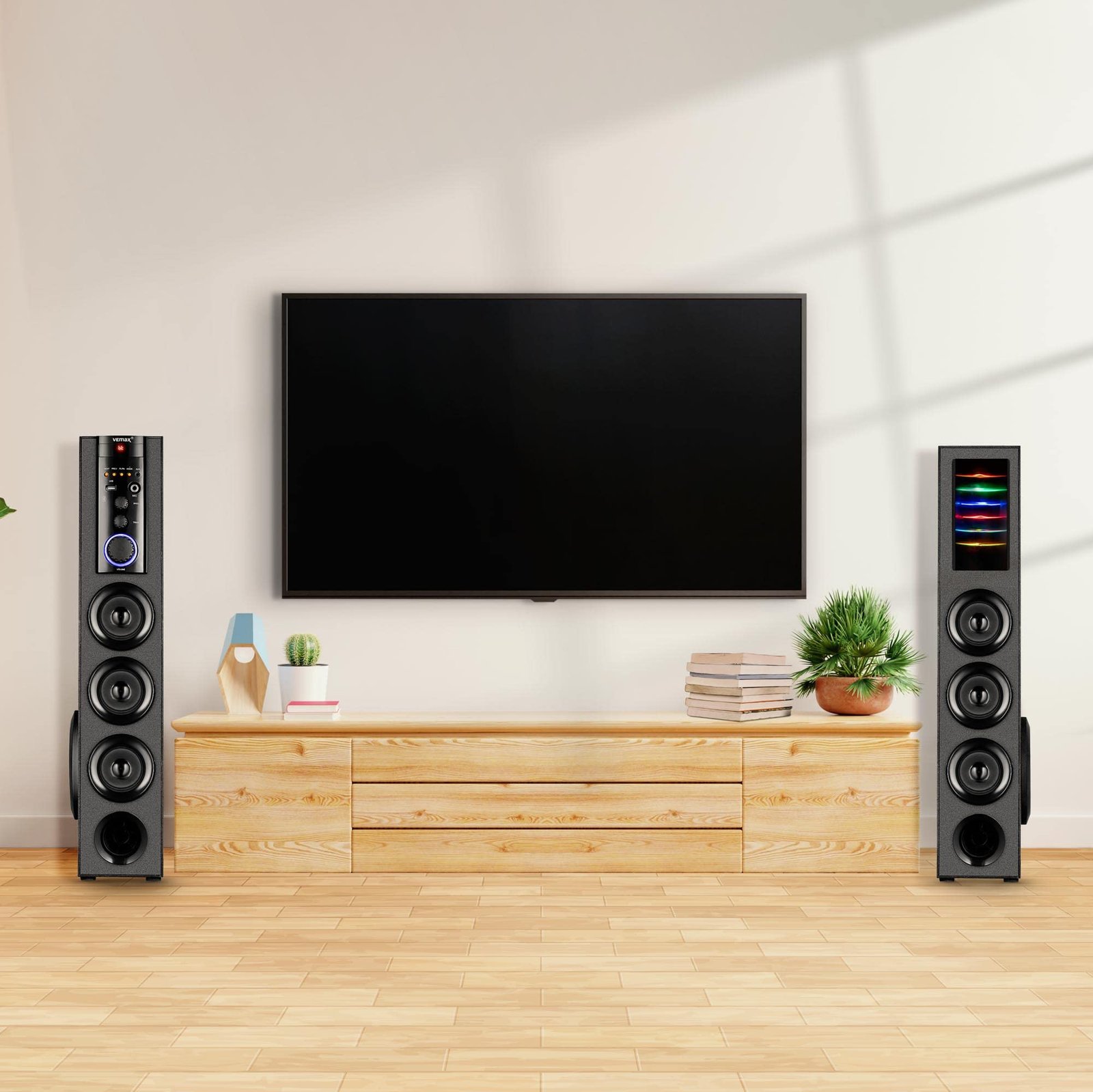 VEmax Curve 100W Multimedia 5.0 Channel Wireless Bluetooth Twin Tower Speaker Home Theatre System with Karaoke MIC Support, USB, AUX, FM