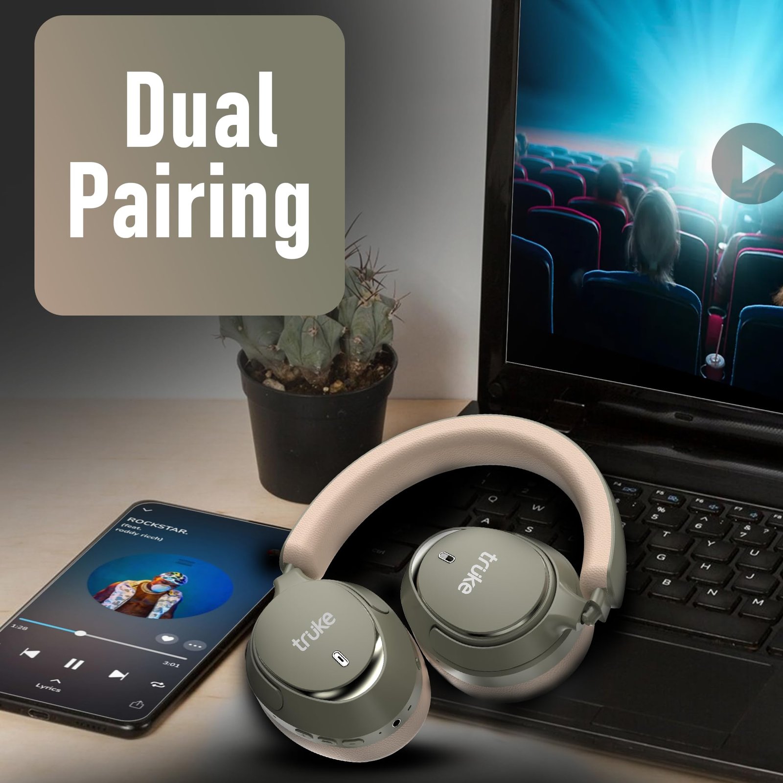 truke New Launch Aura Bass V2 Over The Ear Headphone with 50H of Playtime, 40mm Titanium Drivers, Dual Pairing Headset, 40ms Ultra Low Latency, ENC, Premium Design & Comfort - Forest Green - Image 5