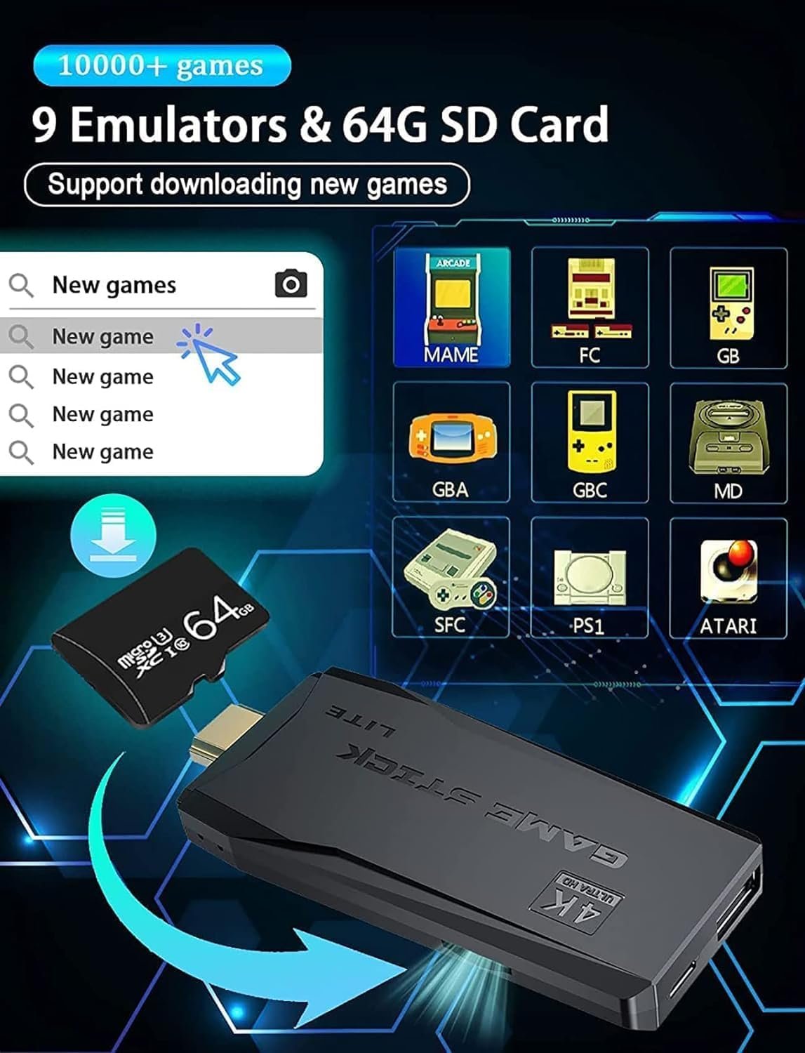 DWH Retro Gaming Stick Console for TV | Plug & Play HDMI Game Stick with Wireless Controllers | Classic Arcade-Style Home Gaming for 2 Players