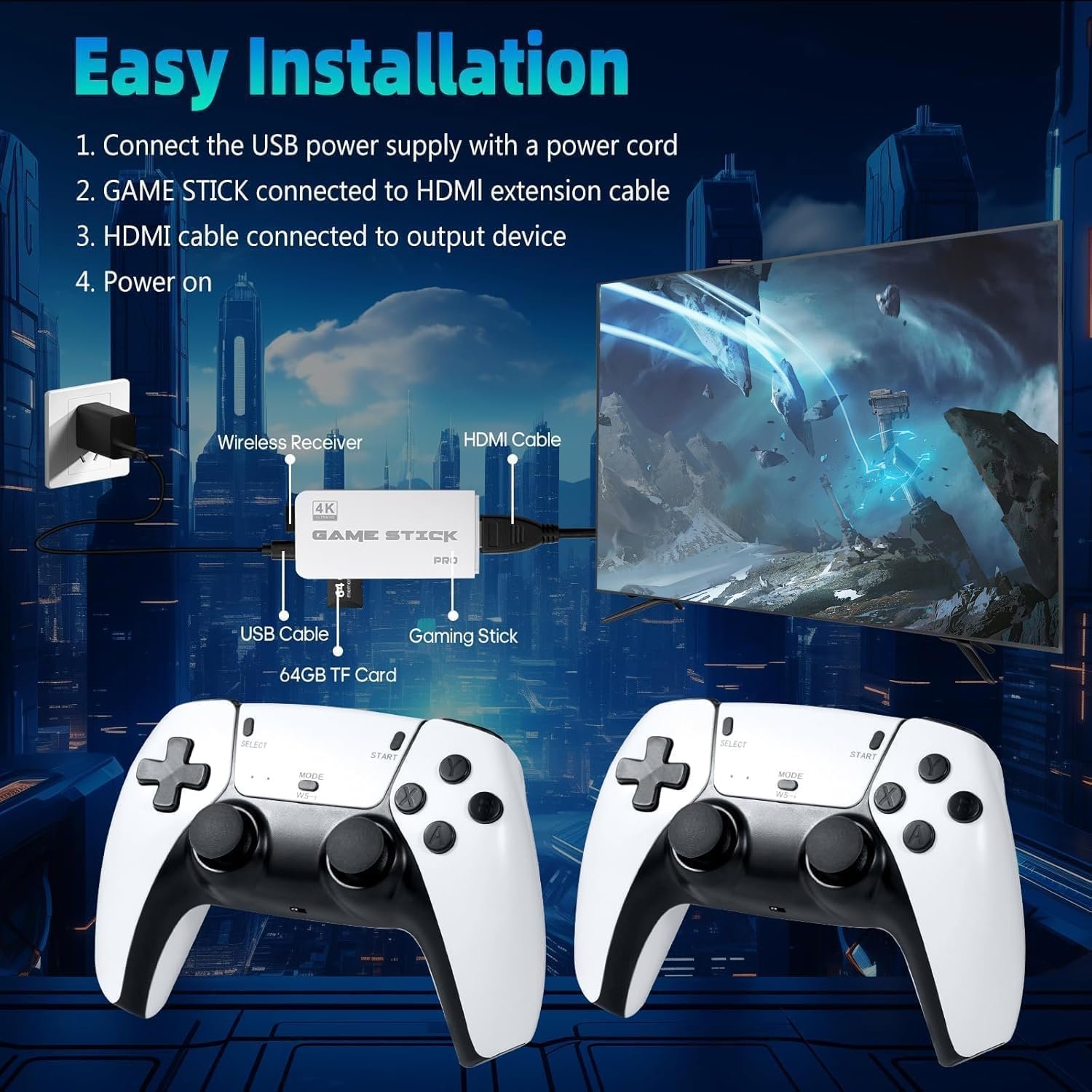 esportic 4K Pro Stick Retro Video Game Console, 20,000+ Built-in Games, 64GB TF Card, 2.4GHz Wireless Controllers, HDMI Output,2 Player, Plug & Play, Perfect Christmas, Birthday Gift,