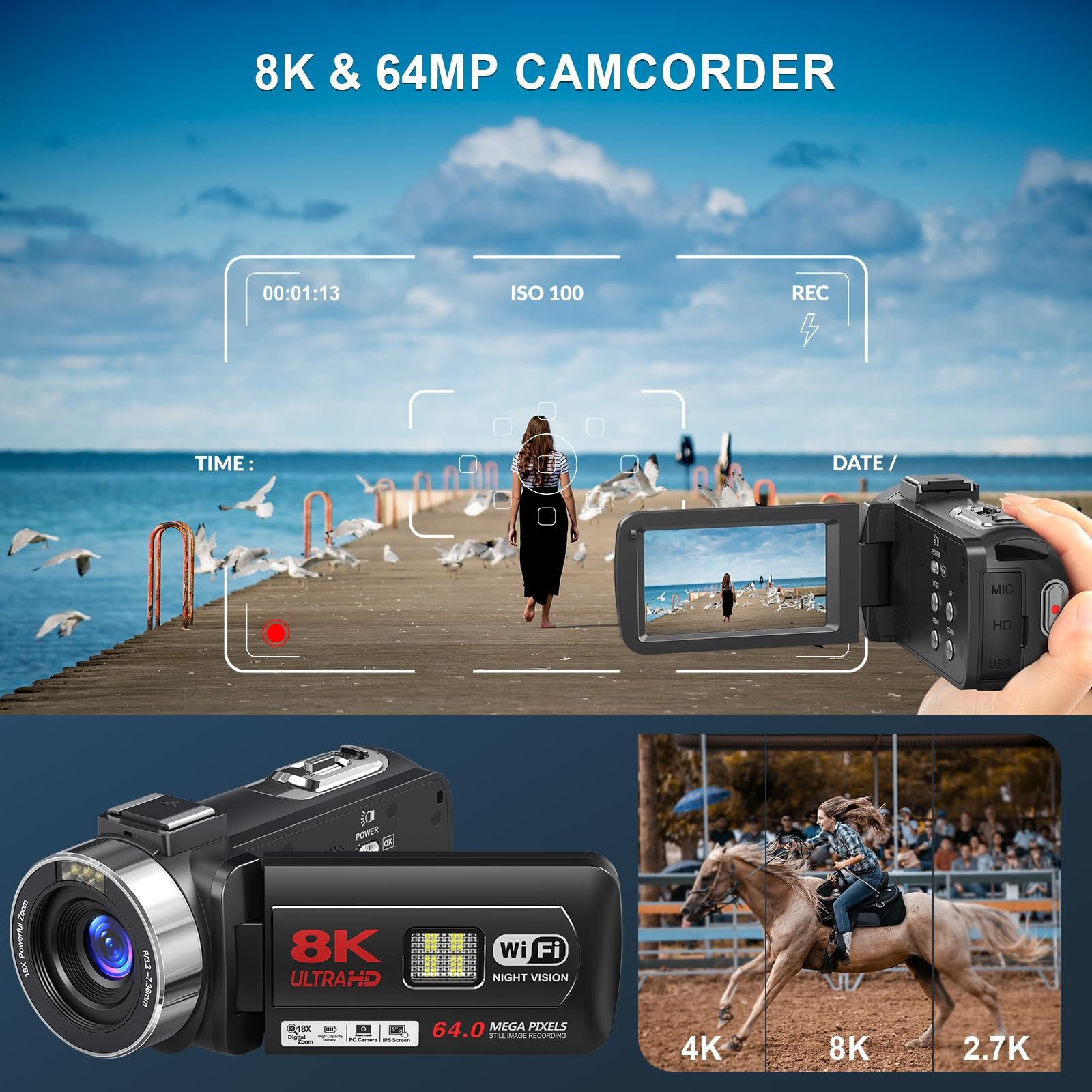 8K 64MP Video Camera Camcorder with IR Night Vision Vlogging Camera, 18X Zoom WiFi Digital Touch Screen Camcorder for YouTube with 32G SD Card, 2.4G Remote Control, Microphone, and Two Batteries - Image 7