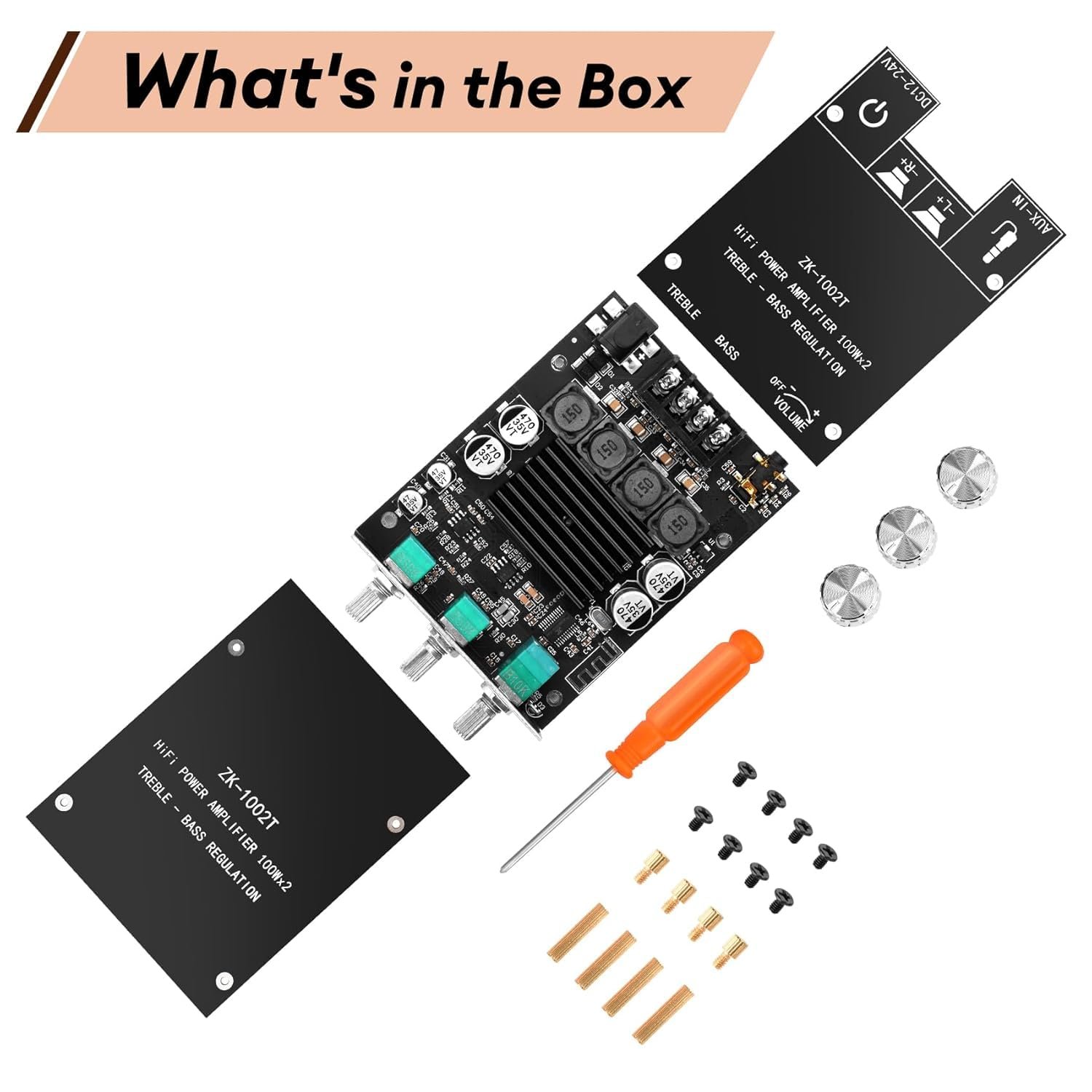 ZK-1002T 2x100W HiFi Stereo Audio Amplifier Board | TPA3116D2 Class D AMP Module with Bass, Treble & Volume Control | DC 12V–24V Input | Aluminum Case & DIY Kit for Speaker Systems