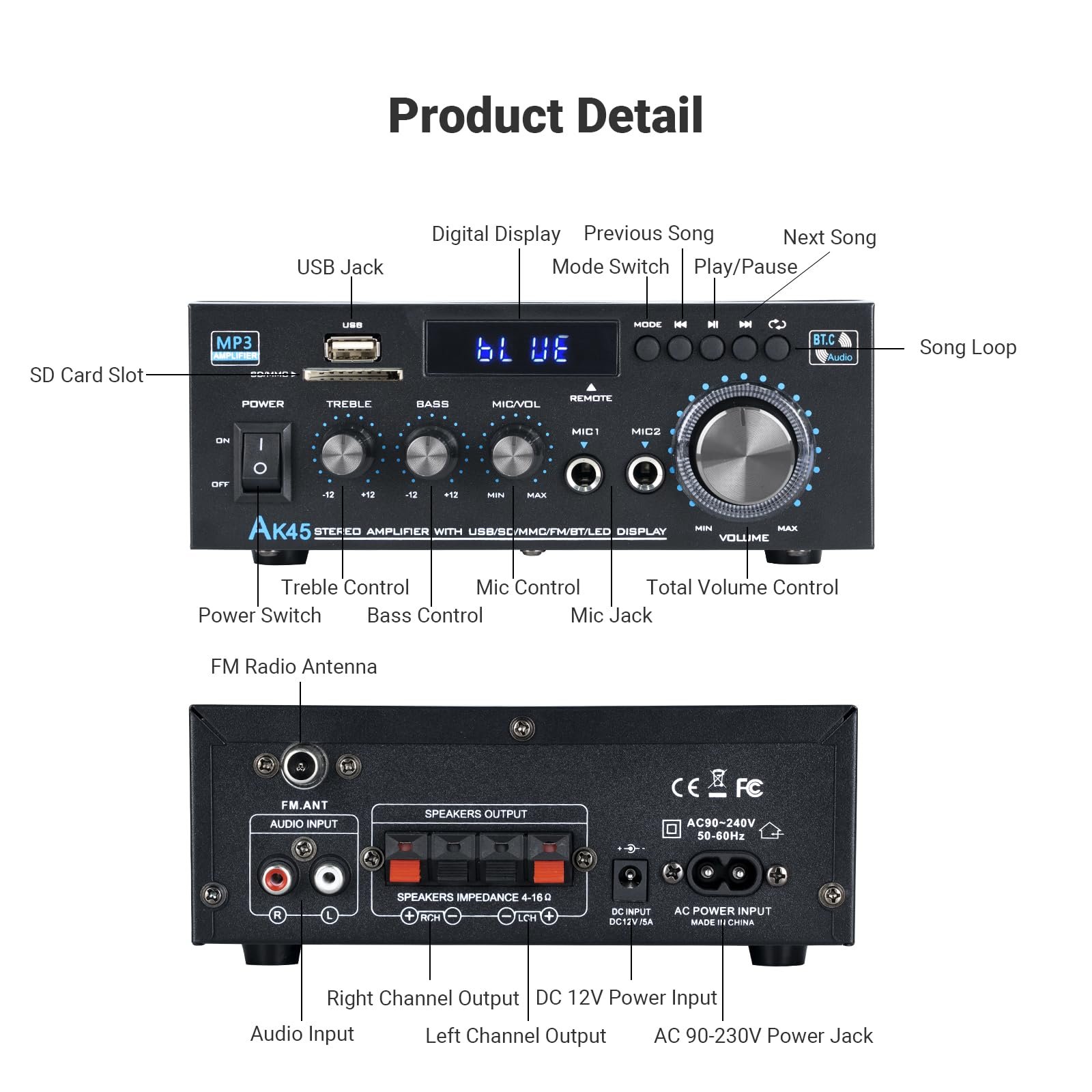Stereo Receiver & Amplifier Home Audio Amp, AK45 Bluetooth Receiver for Home Stereo, 300Wx2, Bluetooth 5.0, 2 Channel, w/FM & Karaoke, w/USB/SD/RCA/MIC/FM in, w/Remote, for Garage Party Market - Image 4
