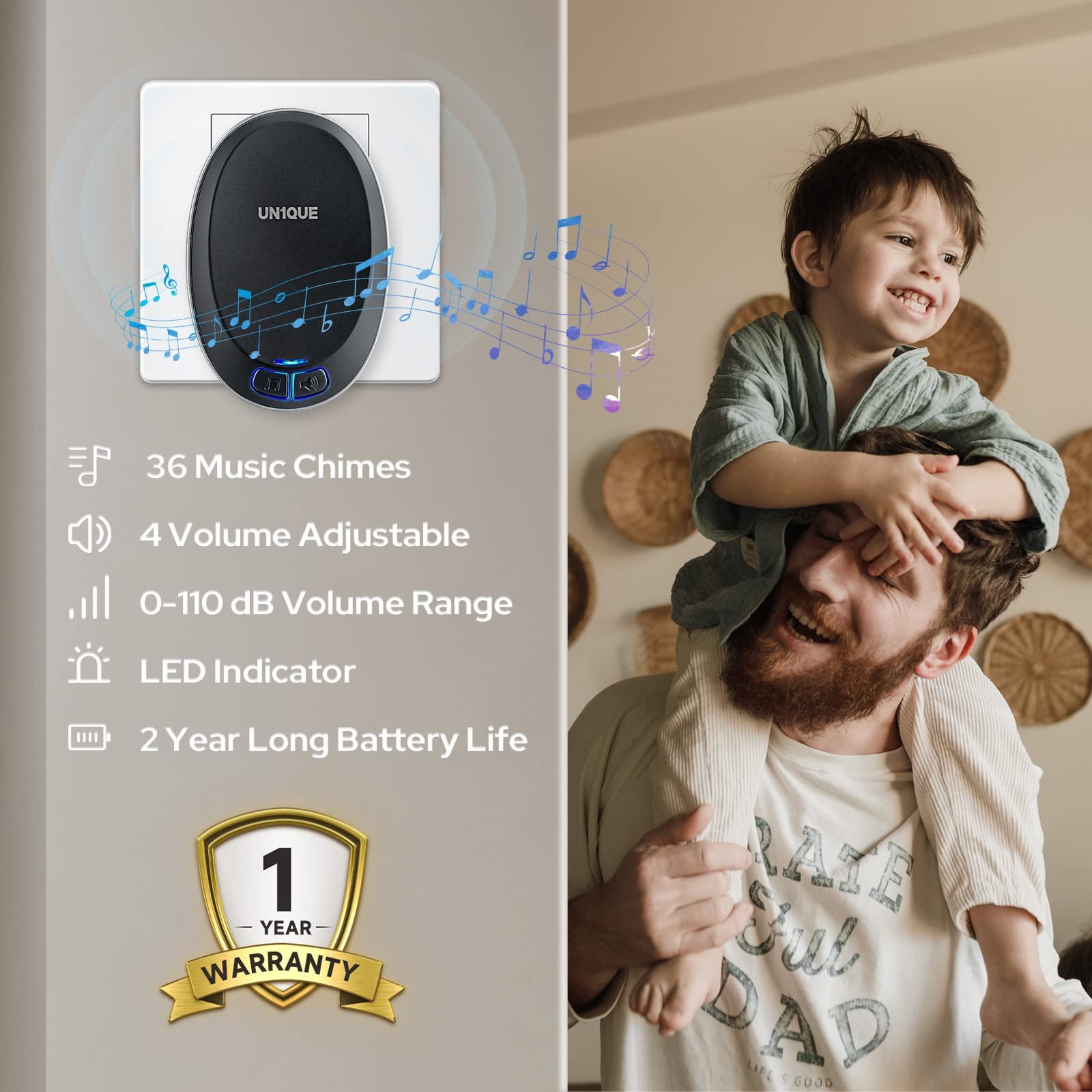 UN1QUE Wireless Door Bell for Home - Small Calling Bell for Office, 1000ft Long Range with 36 Chimes, 100dB Louder Volume, 4 Level Volume, LED Light, Info Board Design, IP44 Waterproof - Image 6