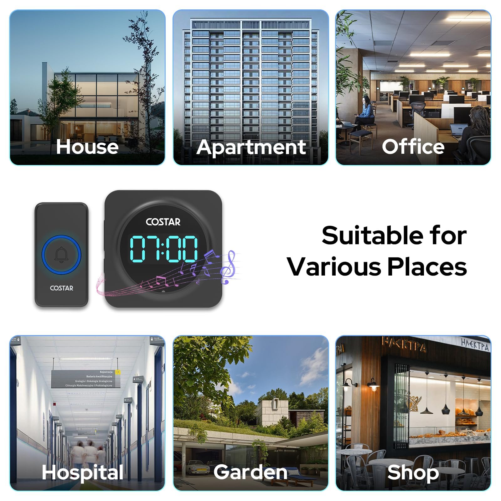 Costar Door Bell - Calling Bell Wireless with 24-Hour Time Display, Wireless Doorbell for Home, 1000ft Range Operating with 58 Chimes, 5 Levels Adjustable Volume(Pebble 700 Black) - Image 3