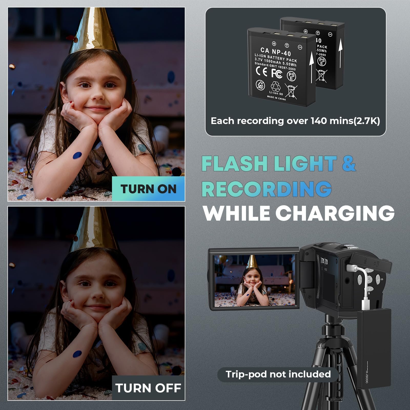 Gcasio 2.7K Video Camera Camcorder QHD 50MP YouTube Vlogging Camera Webcam 16X Digital Zoom with 32G SD Card 270 Degree Rotation Screen Camcorders and 2 Batteries Recording While Charging - Image 5