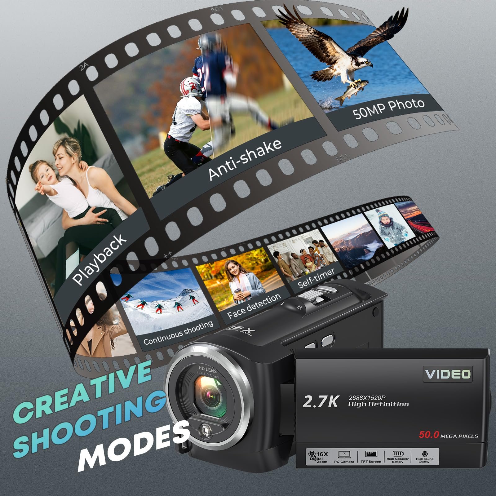 Gcasio 2.7K Video Camera Camcorder QHD 50MP YouTube Vlogging Camera Webcam 16X Digital Zoom with 32G SD Card 270 Degree Rotation Screen Camcorders and 2 Batteries Recording While Charging - Image 4