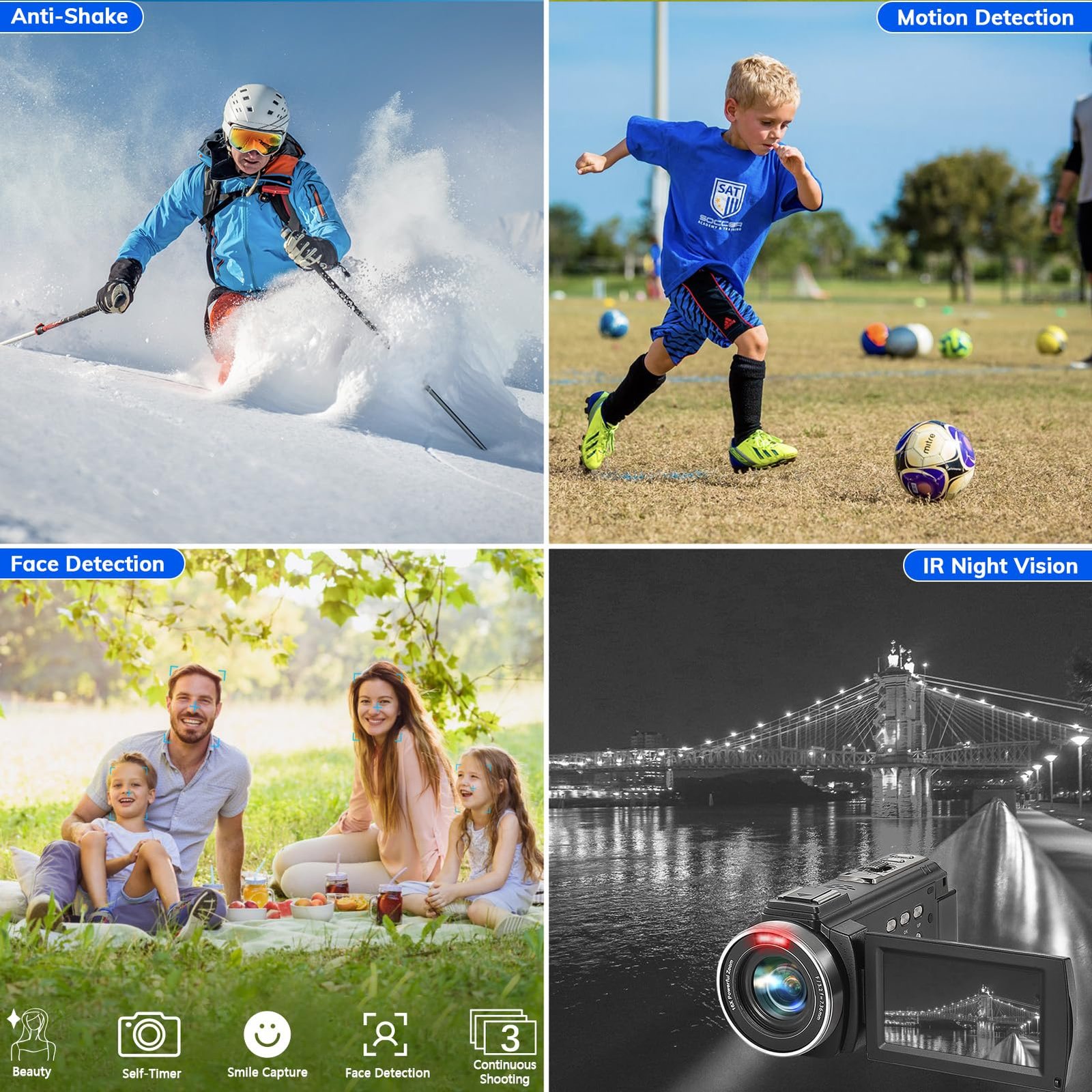 Camcorder FHD 1080P Video Camera for YouTube with 30FPS 36MP 3.0 Inch 270 Degree Rotation LCD, 16X Digital Zoom Vlogging Camera for Beginners with 2 Batteries Microphone, Remote, Stabilizer, Lens Hood - Image 4