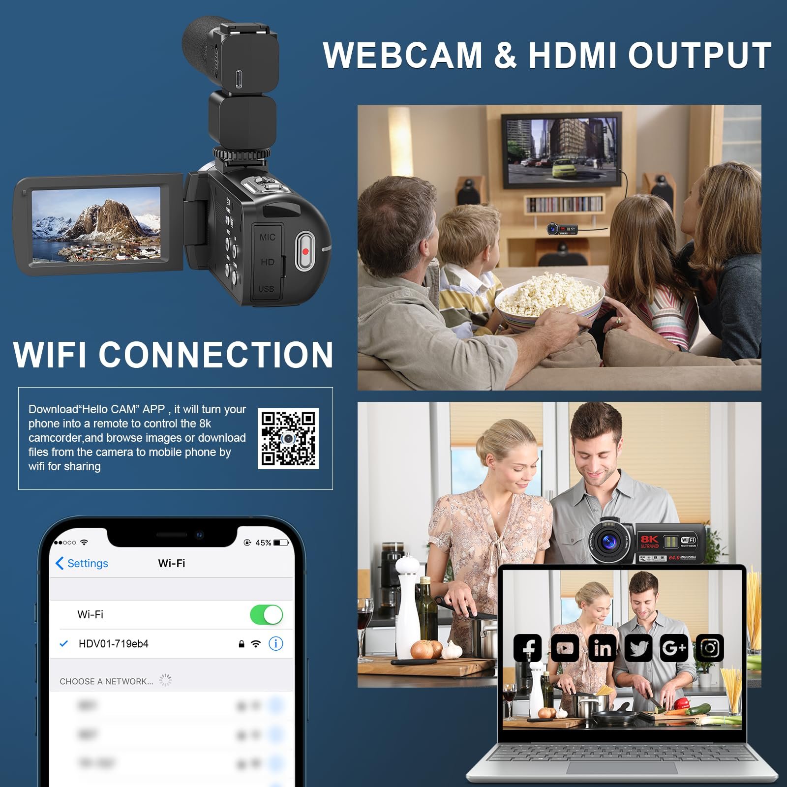 8K 64MP Video Camera Camcorder with IR Night Vision Vlogging Camera, 18X Zoom WiFi Digital Touch Screen Camcorder for YouTube with 32G SD Card, 2.4G Remote Control, Microphone, and Two Batteries - Image 5