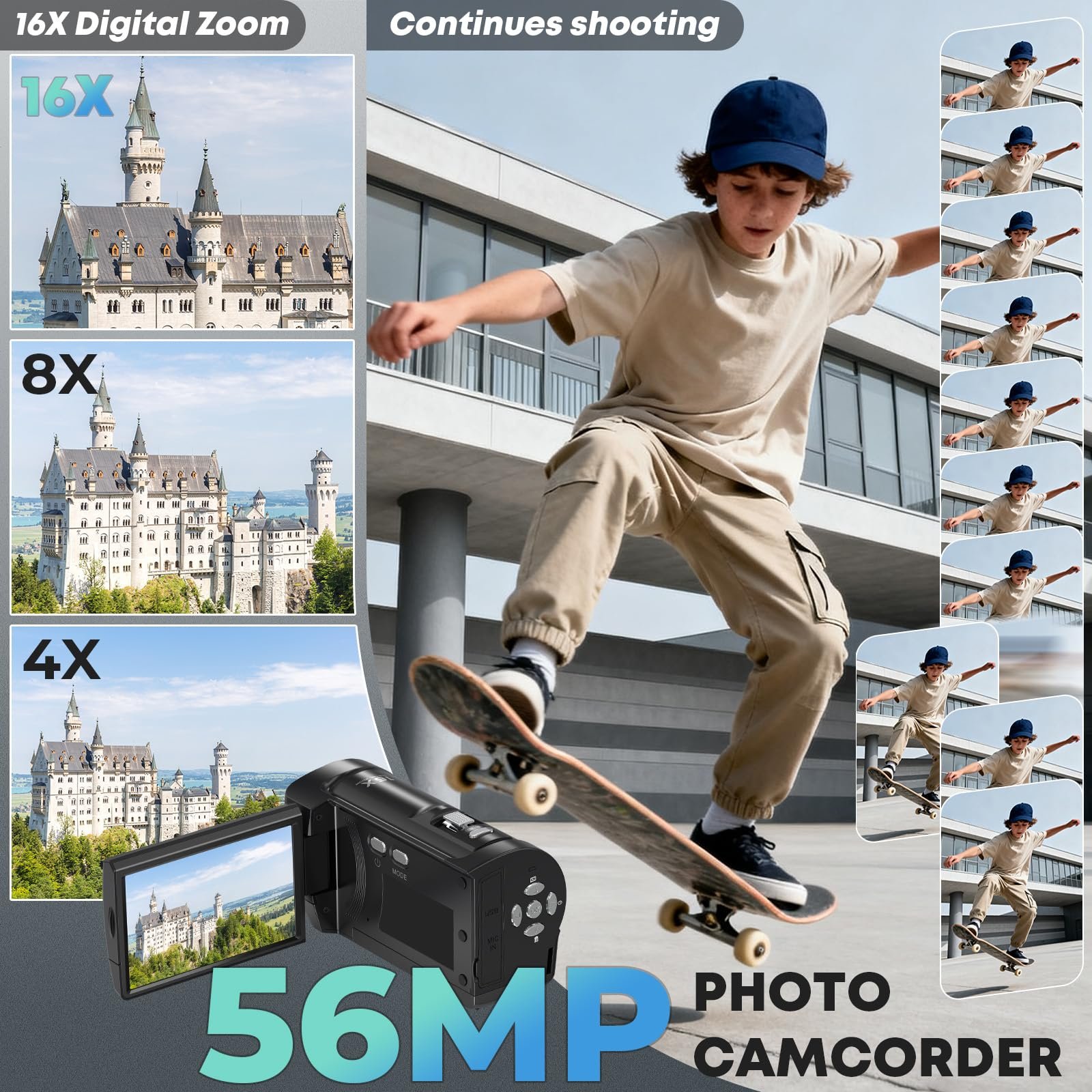 Gcasio 2.7K Video Camera Camcorder QHD 50MP YouTube Vlogging Camera Webcam 16X Digital Zoom with 32G SD Card 270 Degree Rotation Screen Camcorders and 2 Batteries Recording While Charging - Image 6