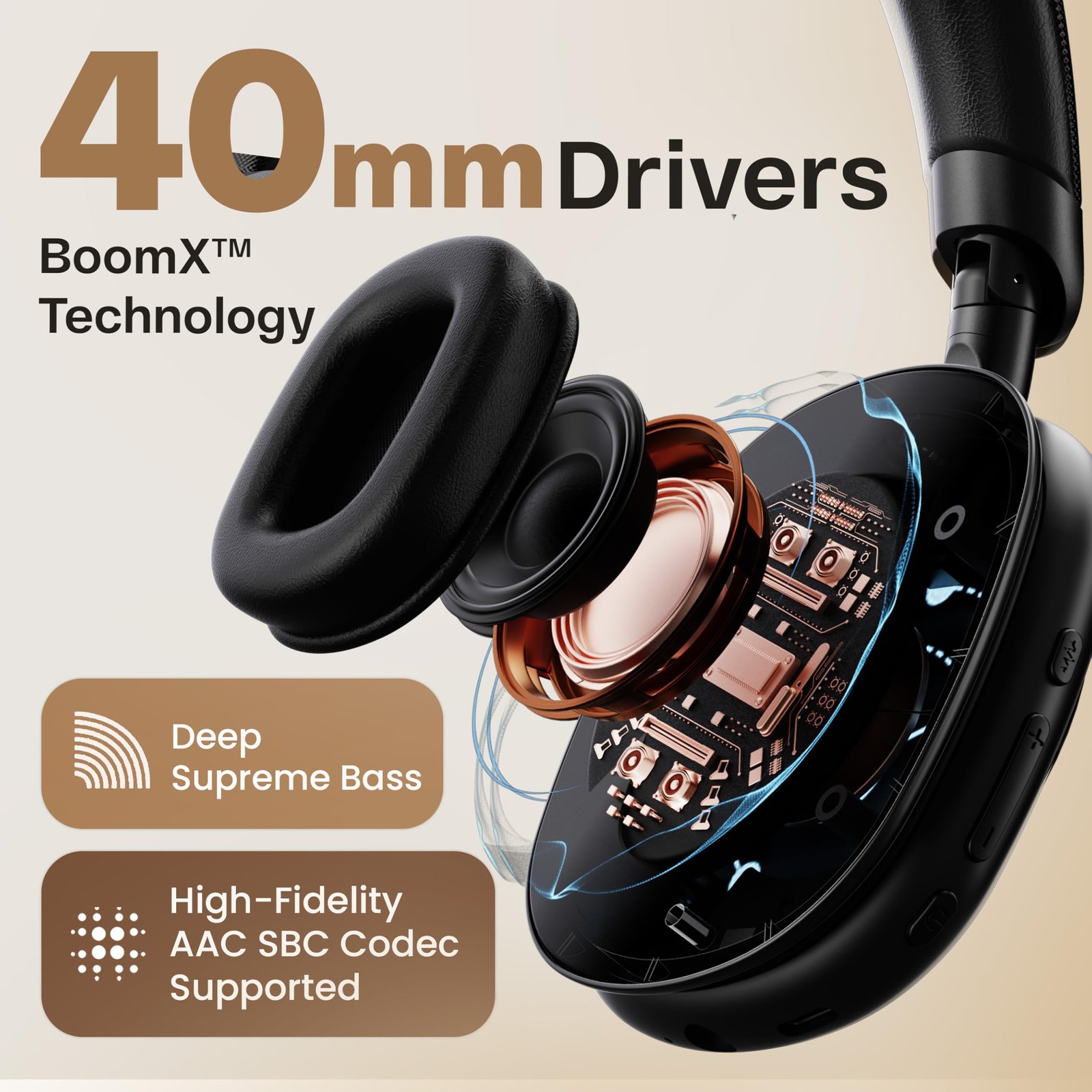 GOBOULT Fluid X Headphones Bluetooth Wireless with 60H Playtime, 40mm Drivers, Zen ENC Mic, Type-C Charging, Combat™ Gaming, BTv 5.4, Headphones Wireless with mic (Jet Black) - Image 8