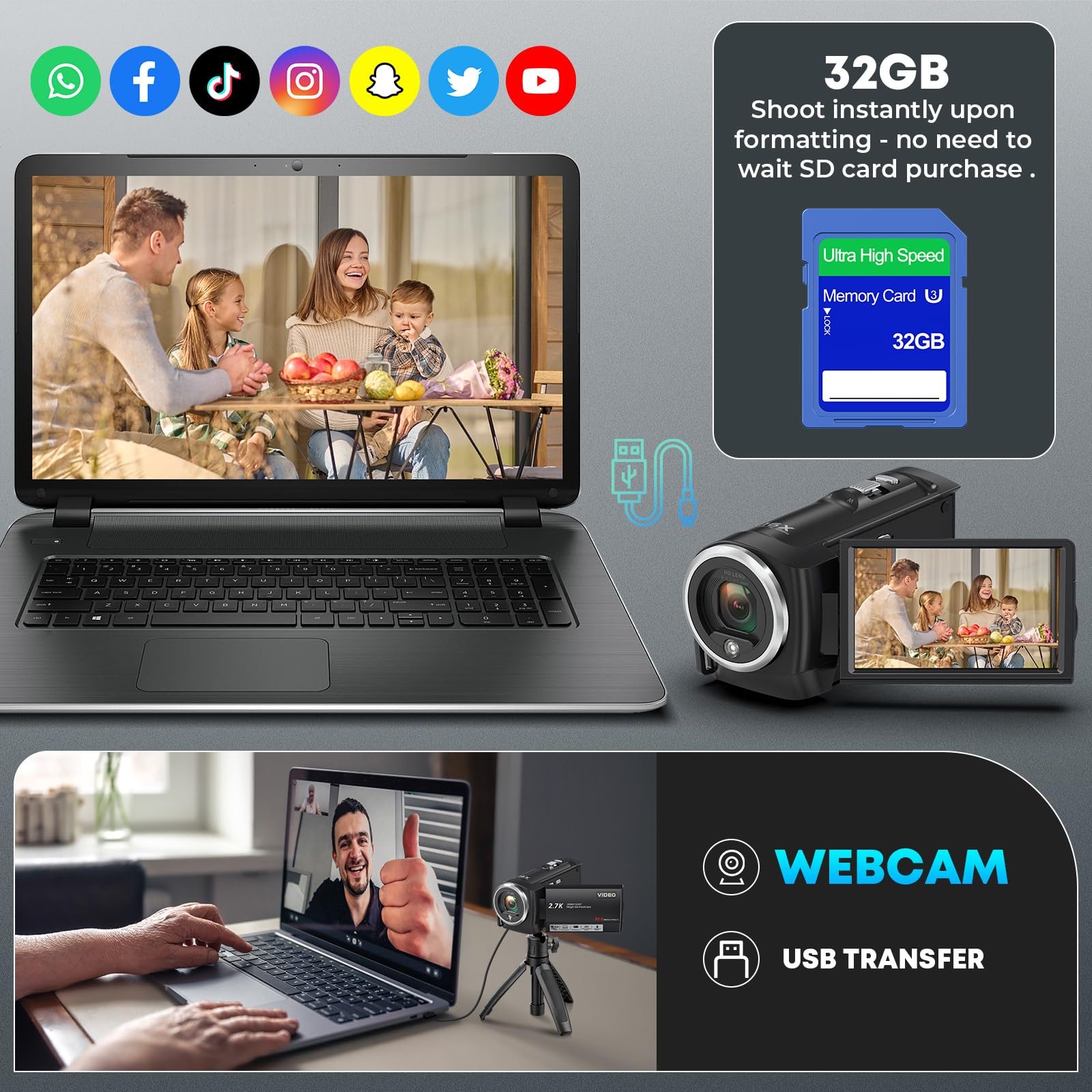 Gcasio 2.7K Video Camera Camcorder QHD 50MP YouTube Vlogging Camera Webcam 16X Digital Zoom with 32G SD Card 270 Degree Rotation Screen Camcorders and 2 Batteries Recording While Charging