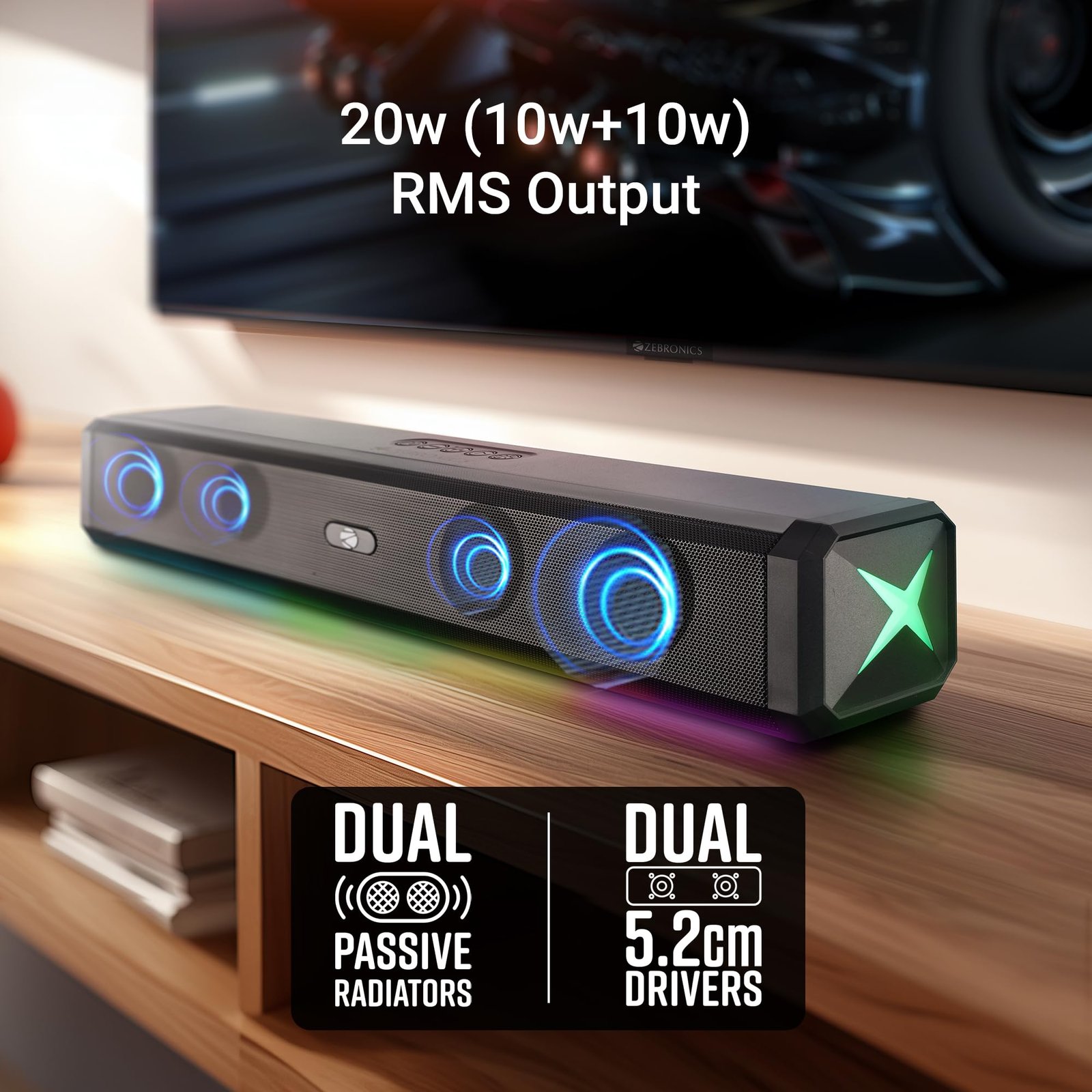 ZEBRONICS VITA BAR 150 Wireless Bluetooth Soundbar, 20W RMS, 2.0 Channel, Dual (52mm Driver & Passive Radiator), Upto 8 Hours Playback, Built in Battery, BTv5.3 | USB | mSD | AUX | | TWS, RGB LED - Image 7