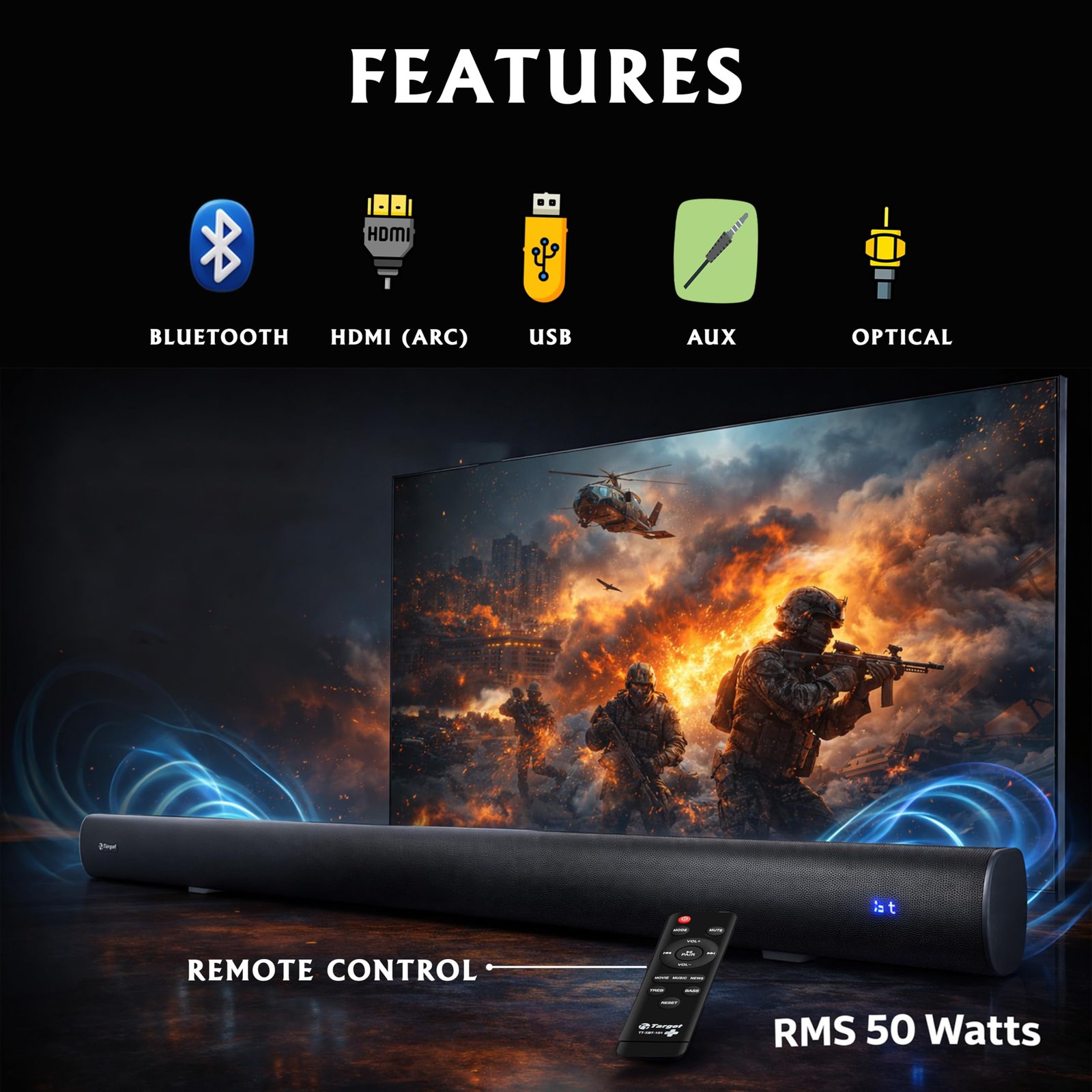 Target TT-101 + Premium Sound Bar with Multi-Connectivity, HDMI ARC,Bluetooth,USB, AUX, Optical Ports, Home Theatre System RMS 50 Watts - Image 5