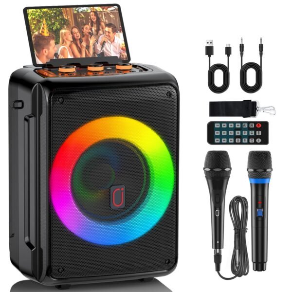 JYX Wireless Portable Speaker with 2 Mics, Home Party Bluetooth Speaker with HD Sound, Echo Adjustment, 12 Hours Playtime, DJ Light for Party/Meeting, Support TF/USB/AUX/REC, Best Gift for Brithday