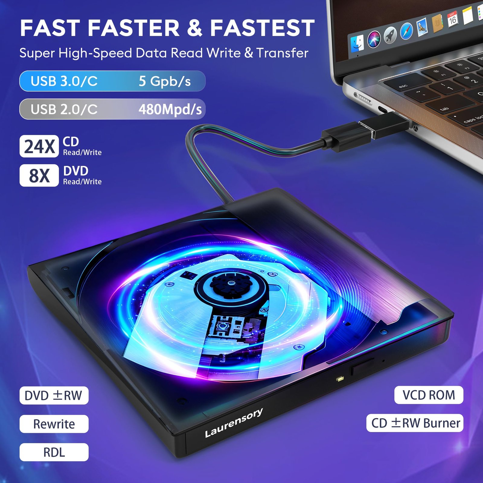 Laurensory External DVD Drive USB 3.0 Type-C Portable Player for Laptop CD/DVD +/-RW Disk Drive ROM Burner Writer Reader Compatible with Desktop Windows Linux OS Apple MacBook - Image 8