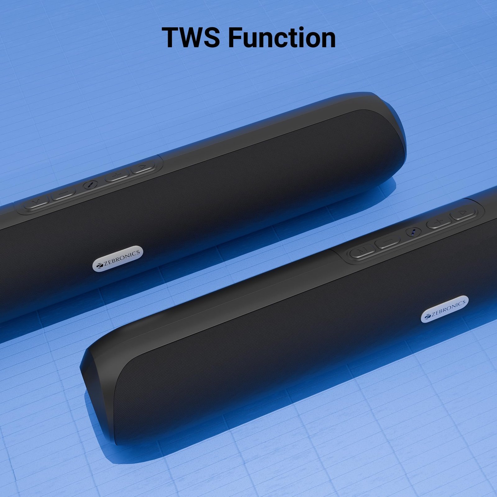 Zebronics Wireless Bluetooth Soundbar, 26 Watts, Upto 7 Hours Playback, Dual 52mm Drivers, Dual Passive Radiators, LED Indicator, TWS, Fabric Finish, Type-C Charging, USB, AUX (Vita Bar 203)