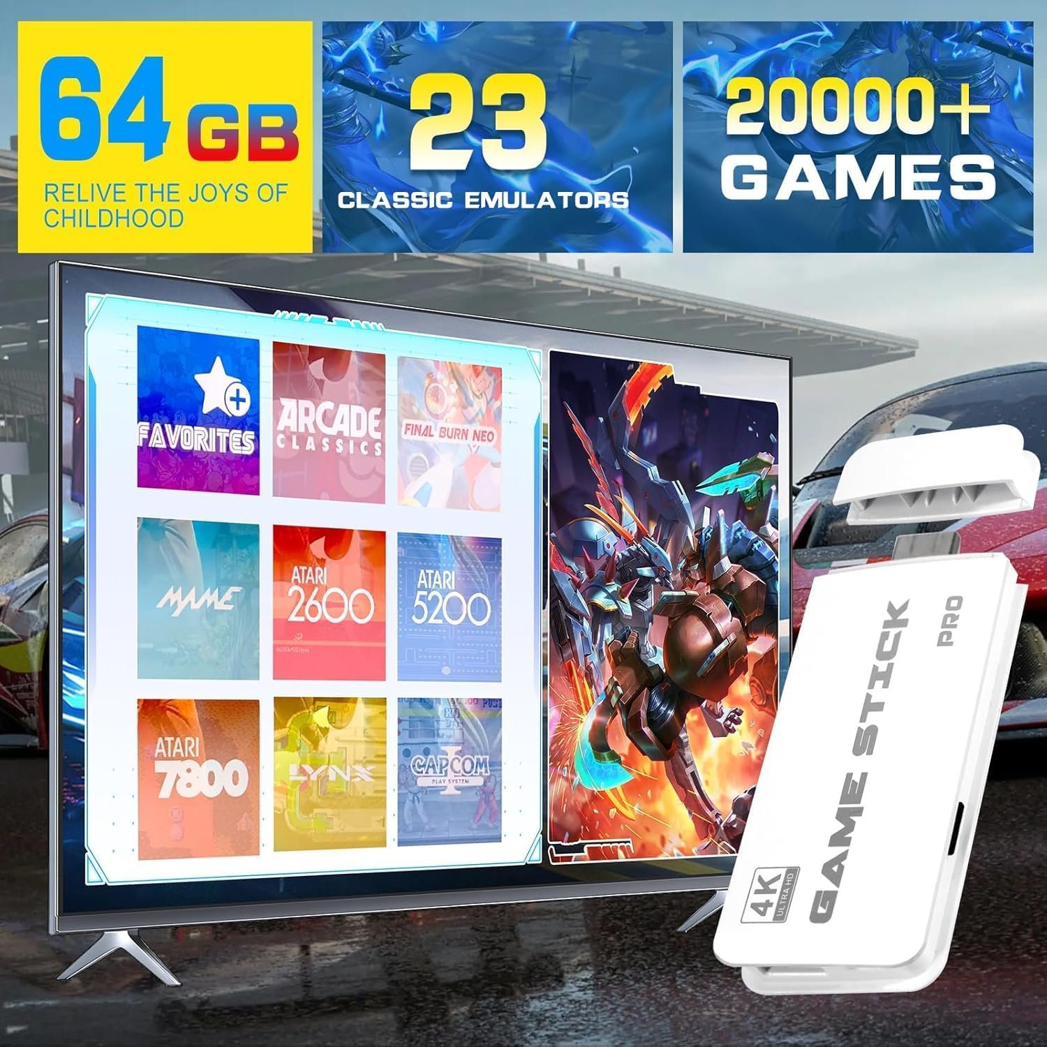 esportic 4K Pro Stick Retro Video Game Console, 20,000+ Built-in Games, 64GB TF Card, 2.4GHz Wireless Controllers, HDMI Output,2 Player, Plug & Play, Perfect Christmas, Birthday Gift, - Image 3