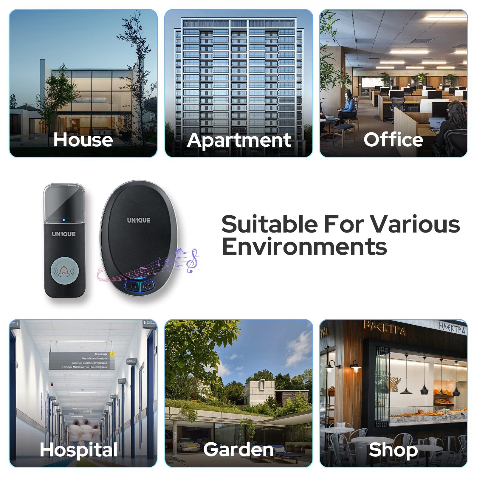 UN1QUE Wireless Door Bell for Home – Small Calling Bell for Office, 1000ft Long Range with 36 Chimes, 100dB Louder Volume, 4 Level Volume, LED Light, Info Board Design, IP44 Waterproof