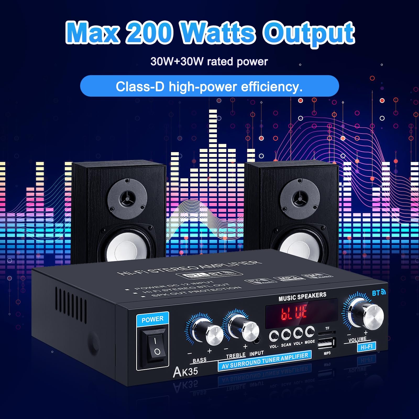 ARRAROWN Bluetooth Stereo Audio Amplifier Home: AK35 Wireless Digital Power Amplifier RMS 30W Max 200W 2.0 Channel BT Audio Amplifier Receiver for Home Speakers System(US Plug) - Image 6