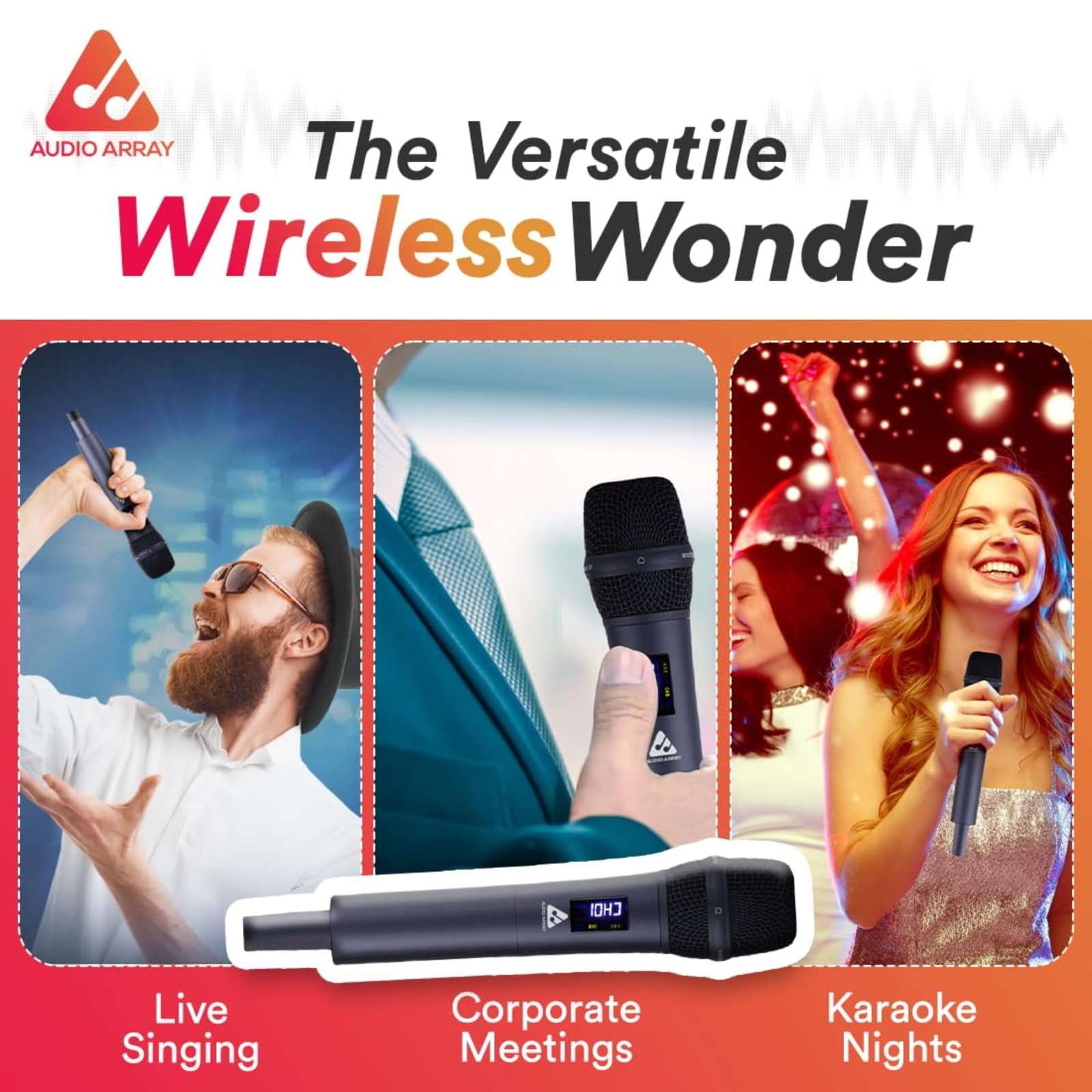 Audio Array AM-W33 UHF Metal Solo Wireless Microphone Set | 2000mAh 6-8 Hours Battery Backup | Range up to 50M | Karaoke Singing, Wedding, DJ, Church | PA System, Amplifier, Mixer, Party Box