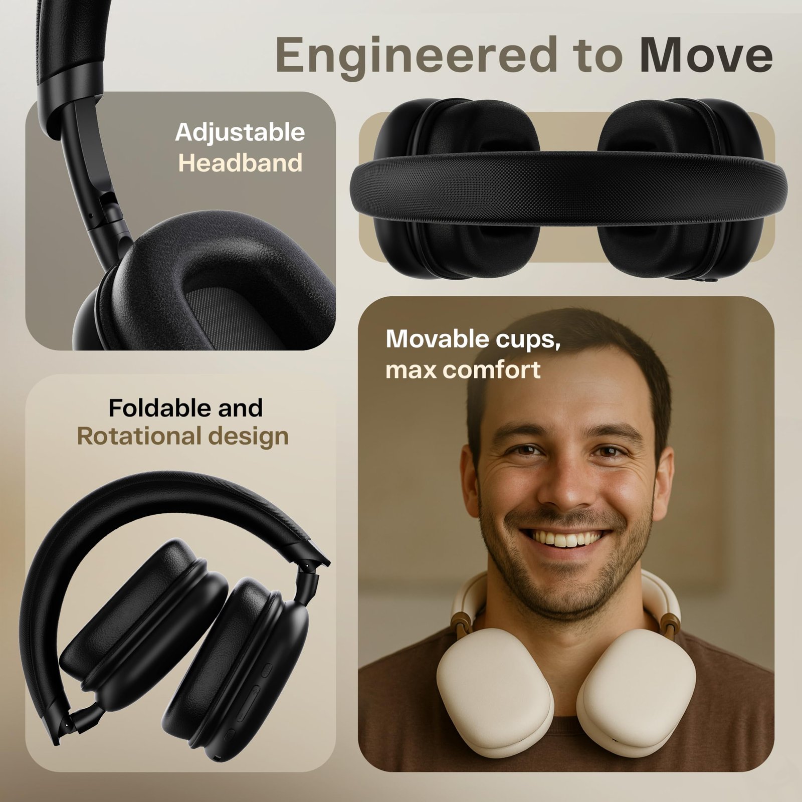 GOBOULT Fluid X Headphones Bluetooth Wireless with 60H Playtime, 40mm Drivers, Zen ENC Mic, Type-C Charging, Combat™ Gaming, BTv 5.4, Headphones Wireless with mic (Jet Black) - Image 9