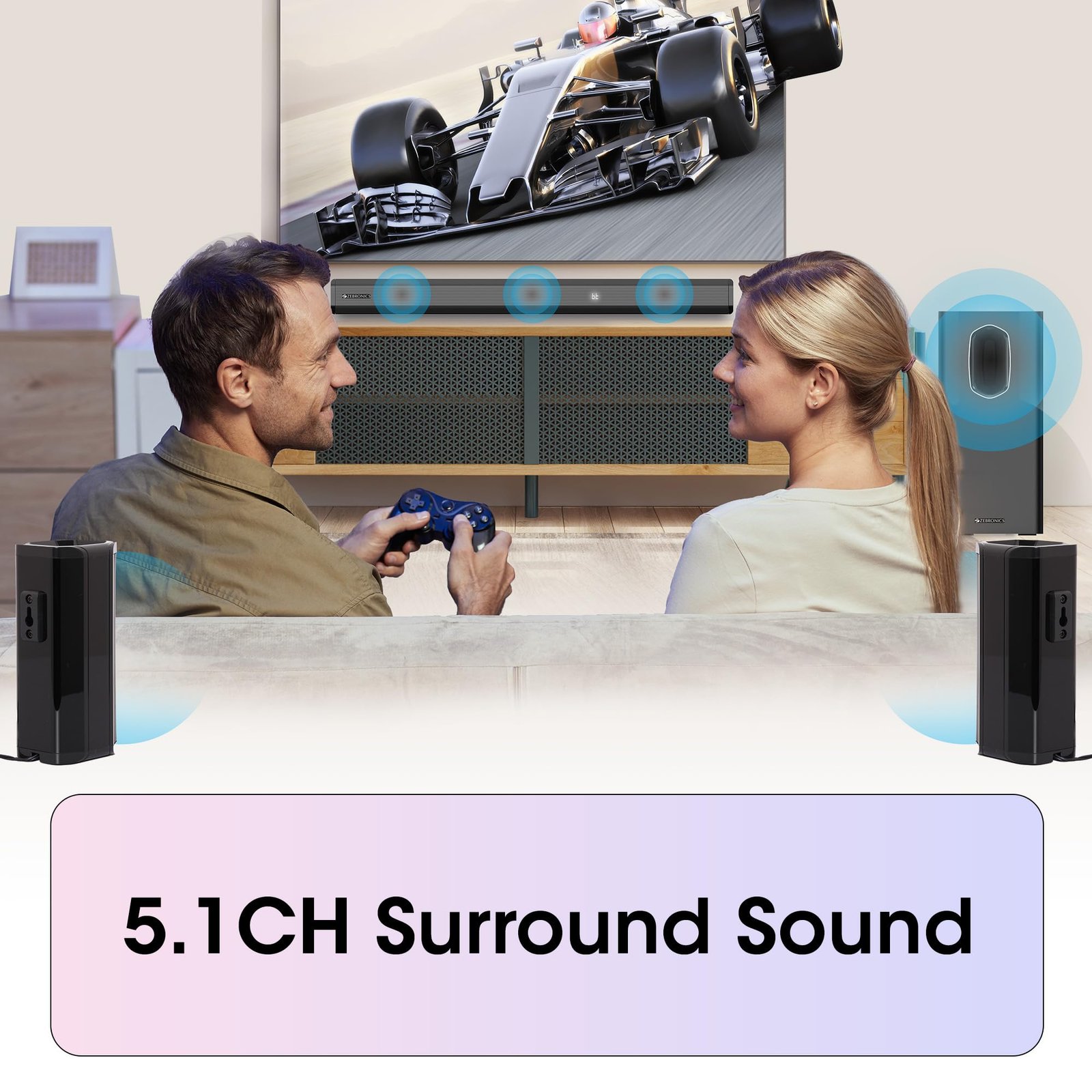 ZEBRONICS Juke BAR 7400 PRO 5.1 Channel soundbar with 6.5″ subwoofer, 400W RMS, Dual Rear Satellites, HDMI (ARC), Optical in, AUX, BT v5.0, USB in, Remote Control,LED Display and Wall Mount(Black)