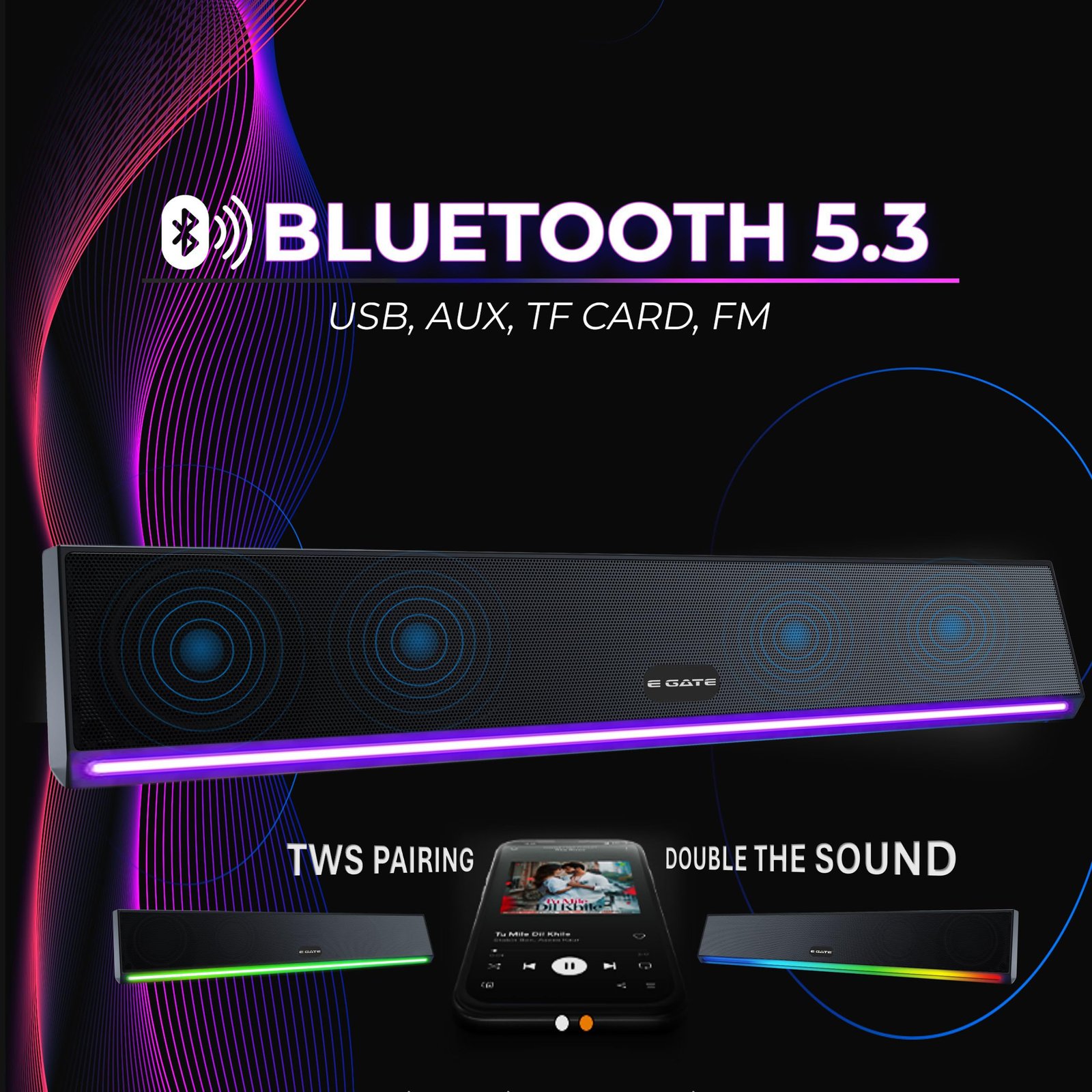E GATE C222 | 24W Soundbar Bluetooth Speaker, Dual Drivers + Dual Passive Radiators for 2X Bass, Ambient RGB Light, Upto 24 Hrs Play Back from 3600 mAh Battery, TWS, AUX, USB, mSD and FM - Image 6