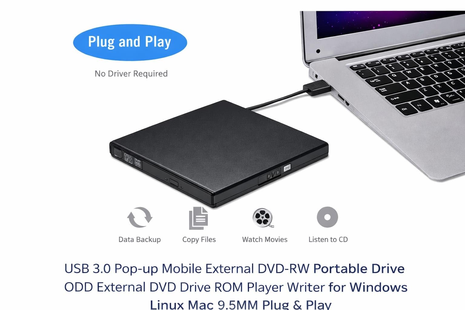 USB 3.0 Pop-up Mobile External DVD-RW Portable Drive ODD External DVD Drive ROM Player Writer for Windows Linux Mac Plug & Play
