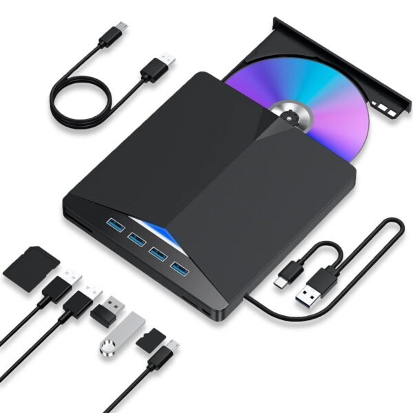 7 in1 External CD DVD Drive, USB 3.0 Type A & C,Portable CD/DVD RW ROM Burner Rewriter with SD TF & 4 USB Ports,Gaming,Music,Slim Optical DVD Player for Laptop Macbook Pro Air PC iMac Windows