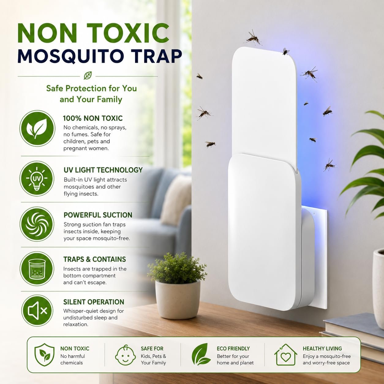 Zero Mosquitoes UVA Mosquito Smart Trap, Indoor Insect Catcher with LED Light, Electronic Bug Zapper, Mosquito Killer lamp for Home, Kids Bedroom, Indoor, Outdoor Office. (1 Device + 5 Glue Pads) - Image 7
